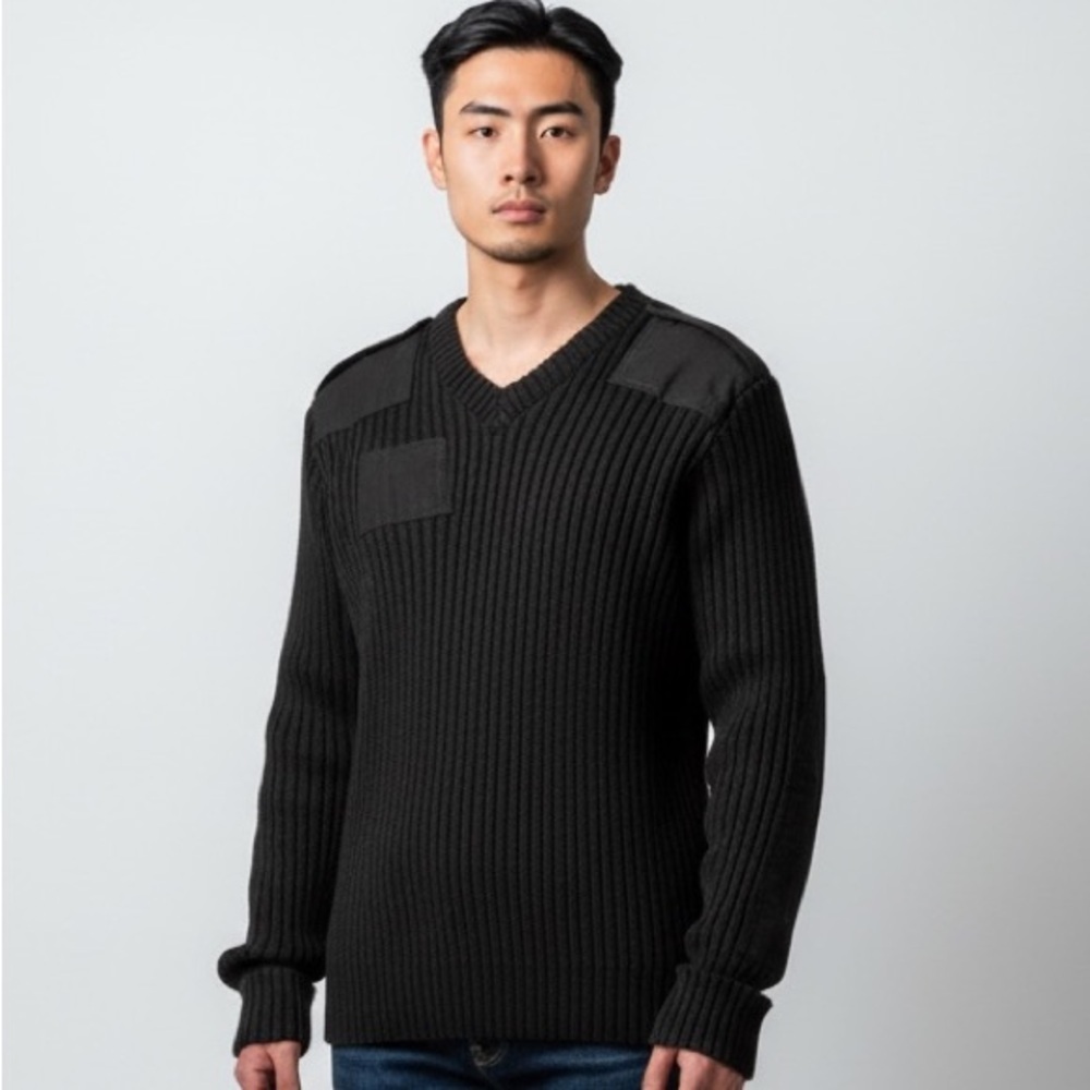 Vintage Military 100% Wool Brigade Quartermaster Men's Black V-Neck Sweater